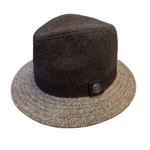 Charcoal Grey Wool Fedora Trilby Hat Herringbone One Size Adjustable 21.5" Band